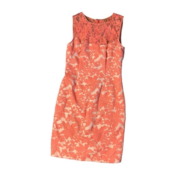 Kay Unger Women’s Lace Sheath Dress Size 8 Orange Cream Stretch Career Church - Picture 1 of 13